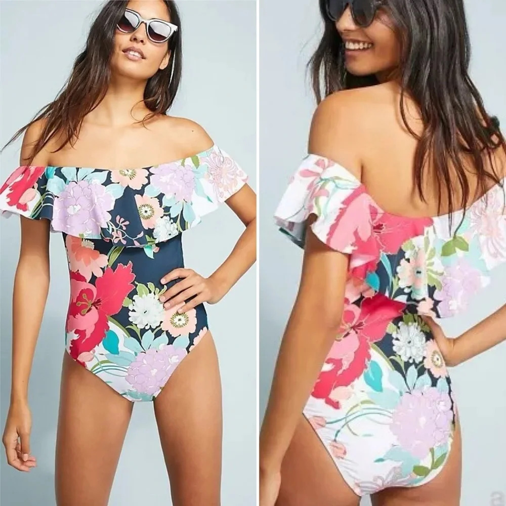 Trina Turk Royal Botanical Off-the-Shoulder One Piece Swimsuit Sz 6